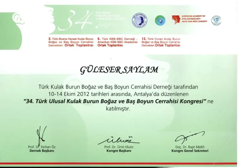 34. Türk Ulusal Kulak Burun Boğaz ve Baş Boyun Cerrahisi Kongresi