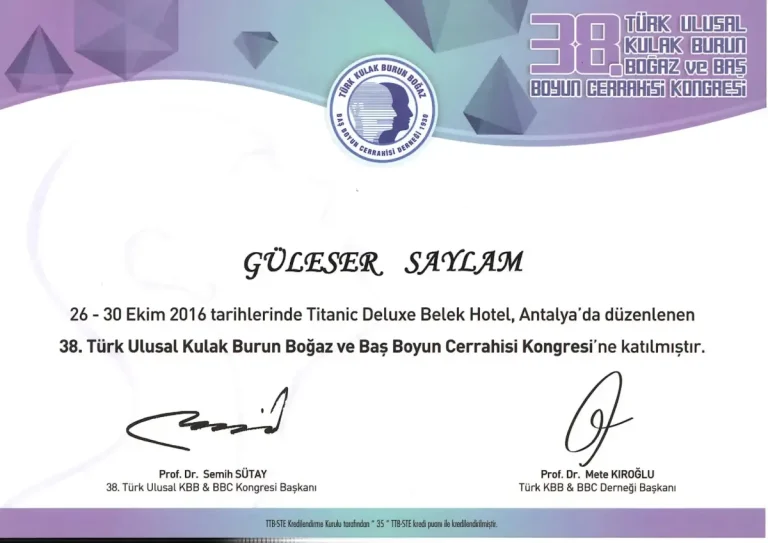 38. Türk Ulusal Kulak Burun Boğaz ve Baş Boyun Cerrahisi Kongresi